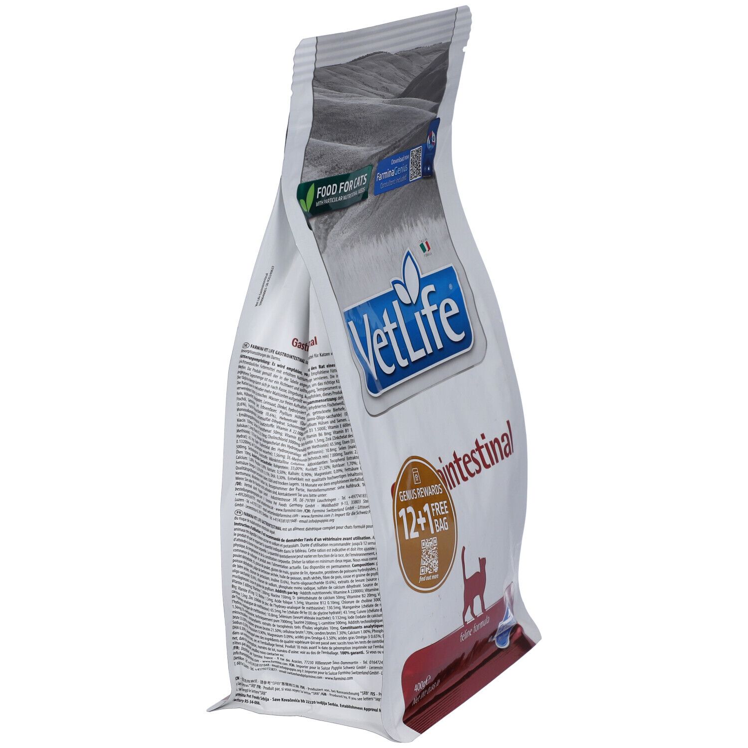 Trockenfutter-Beutel, schräg. Aufschrift VetLife Gastrointestinal. Logo Farmina. 12+1 Gratis.