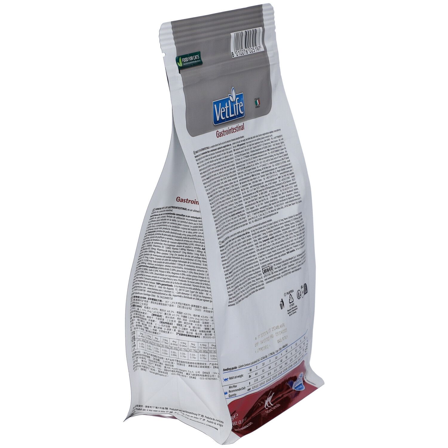 Schrägansicht des Trockenfutterbeutels. Aufschrift Gastrointestinal. Text und Logos. Farmina.