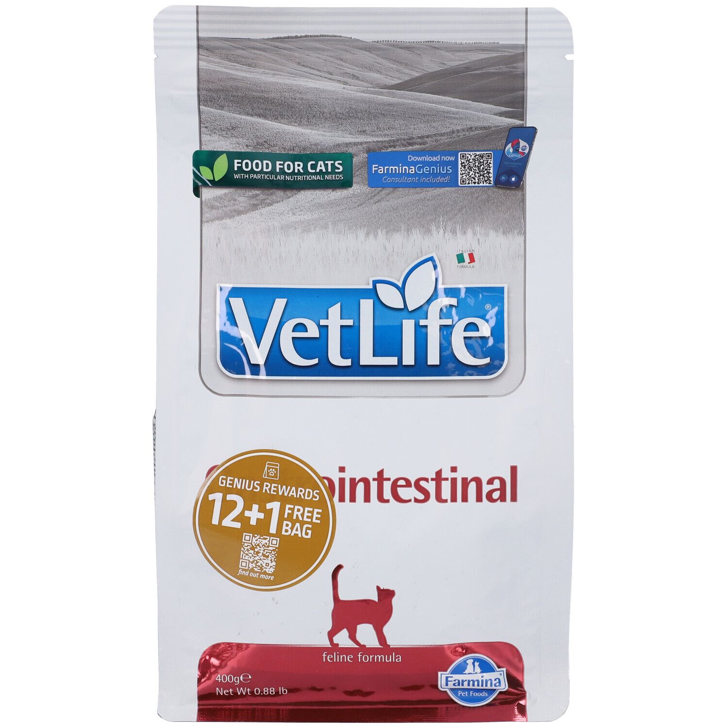 Trockenfutterbeutel. Aufschrift VetLife Gastrointestinal. Logo Farmina. Feline Formula. 12+1 Gratis.
