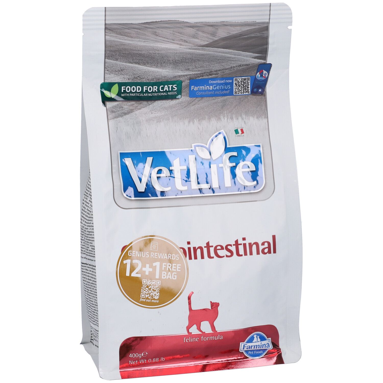 Trockenfutterbeutel. Aufschrift VetLife Gastrointestinal. Logo Farmina. Feline Formula. 12+1 Gratis.