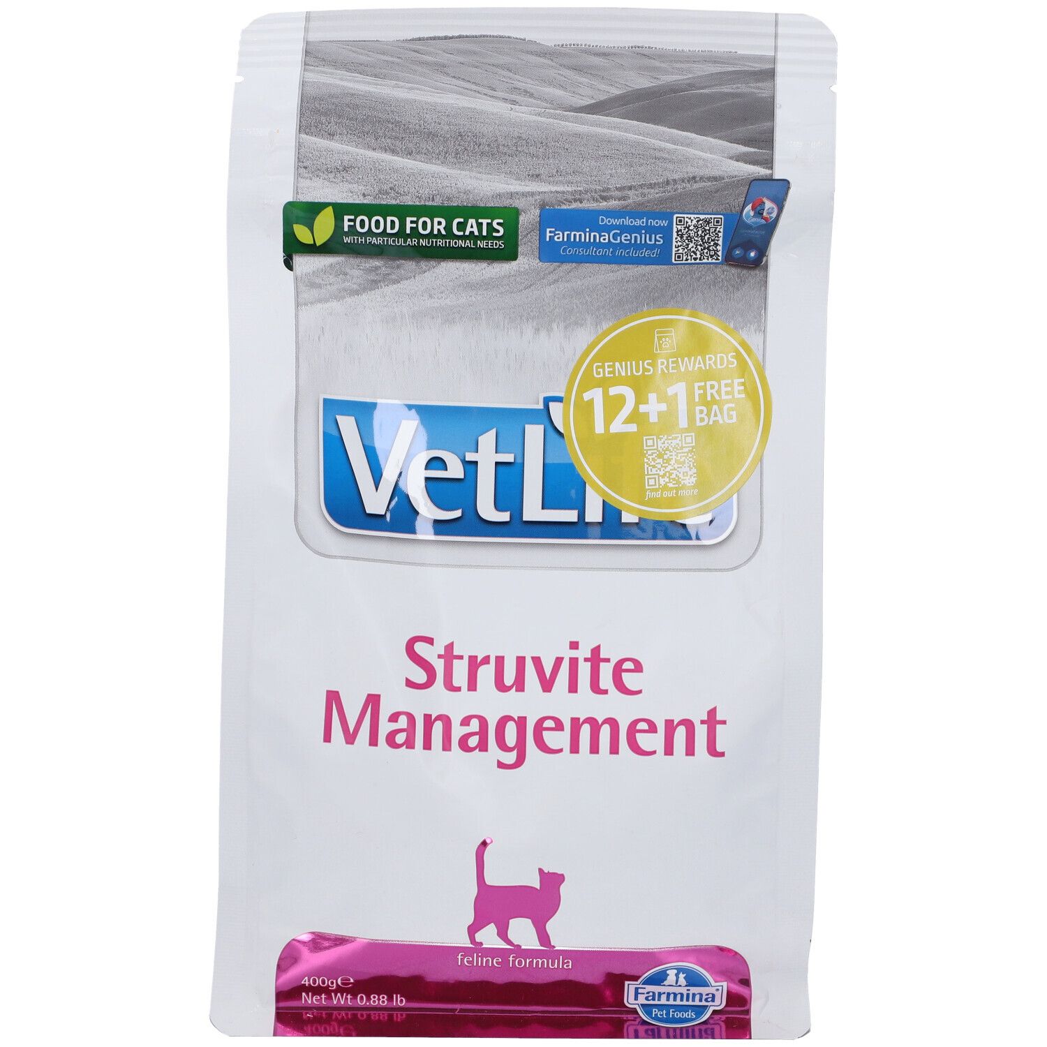 Trockenfutterbeutel. Aufschrift: VetLife Struvite Management. Pinkfarbene Katze-Silhouette. 12+1 Gratis-Aktion.