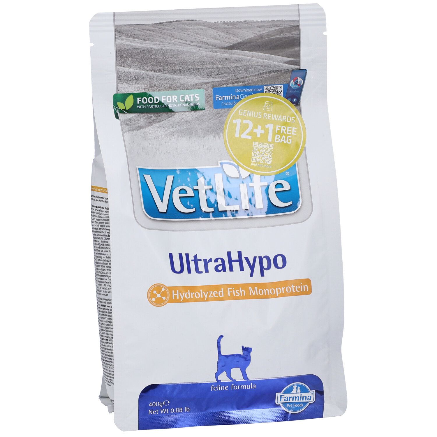 Beutel Trockenfutter für Katzen. Aufschrift VetLife UltraHypo, hydrolysiertes Fisch-Monoprotein. Farmina Logo. 400g.