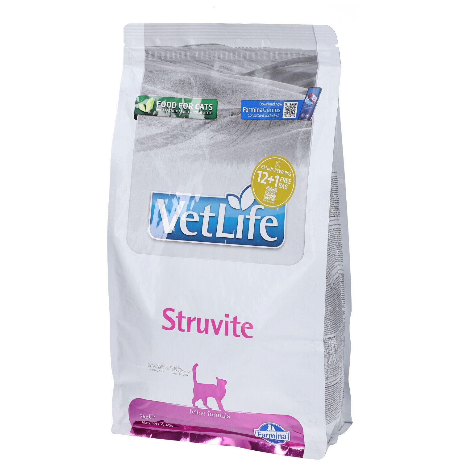 Weißer Beutel mit "VetLife Struvite" für Katzen. Logo, Produktname und Katze-Silhouette. "Food for cats" und "12+1 free bag" Aufdruck.