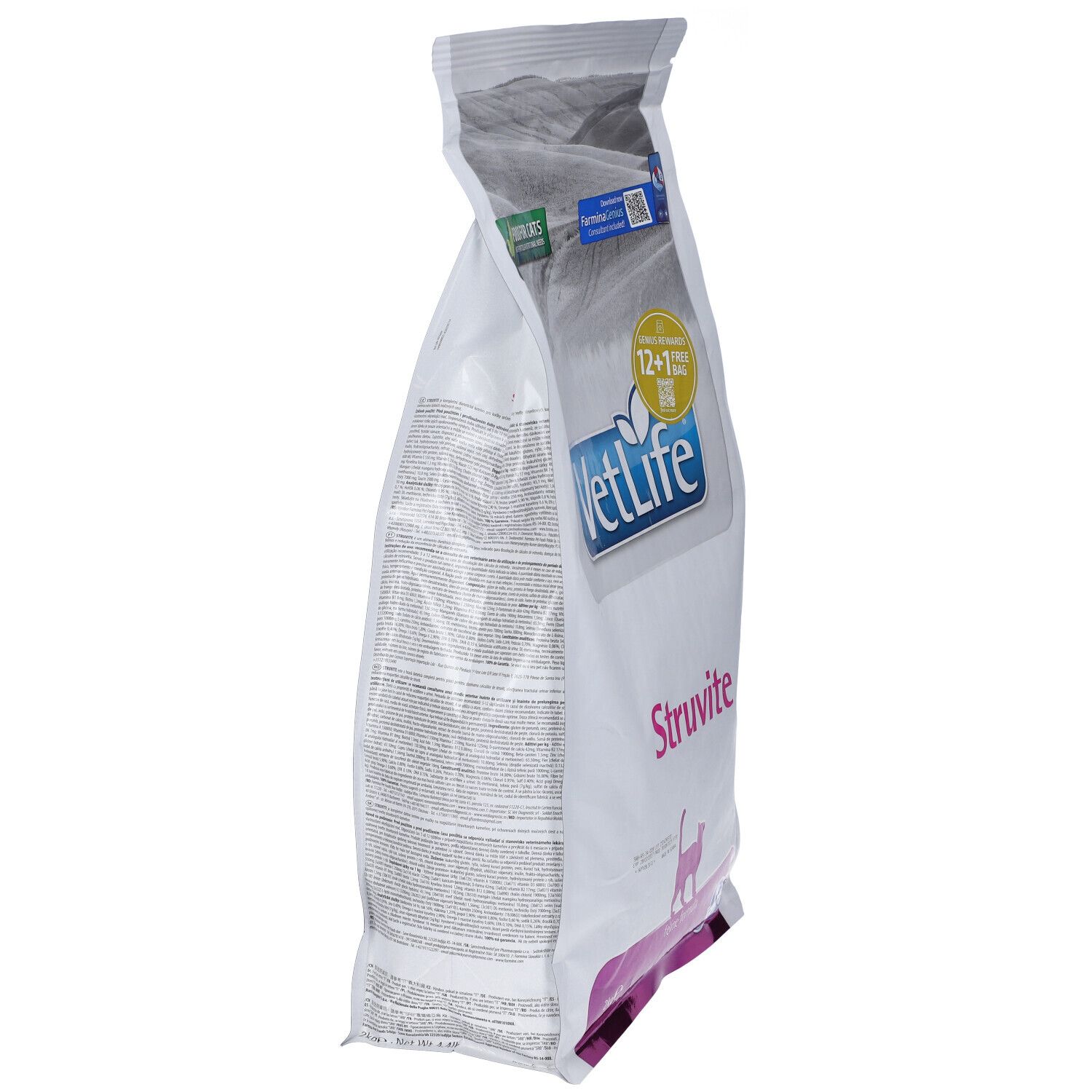 Seitenansicht des weißen Beutels "VetLife Struvite" für Katzen. Text und Logos sind teilweise sichtbar. "Food for cats" und "12+1 free bag" Aufdruck.