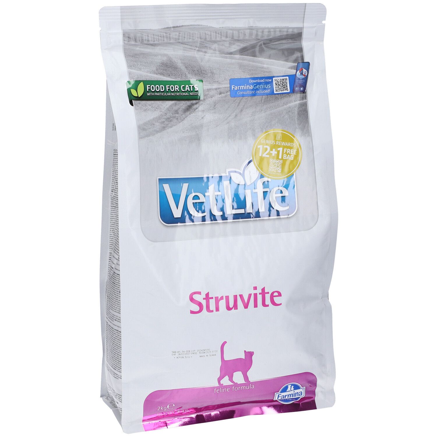 Weißer Beutel "VetLife Struvite" für Katzen. Logo, Produktname und Katze-Silhouette. "Food for cats" und "12+1 free bag" Aufdruck.
