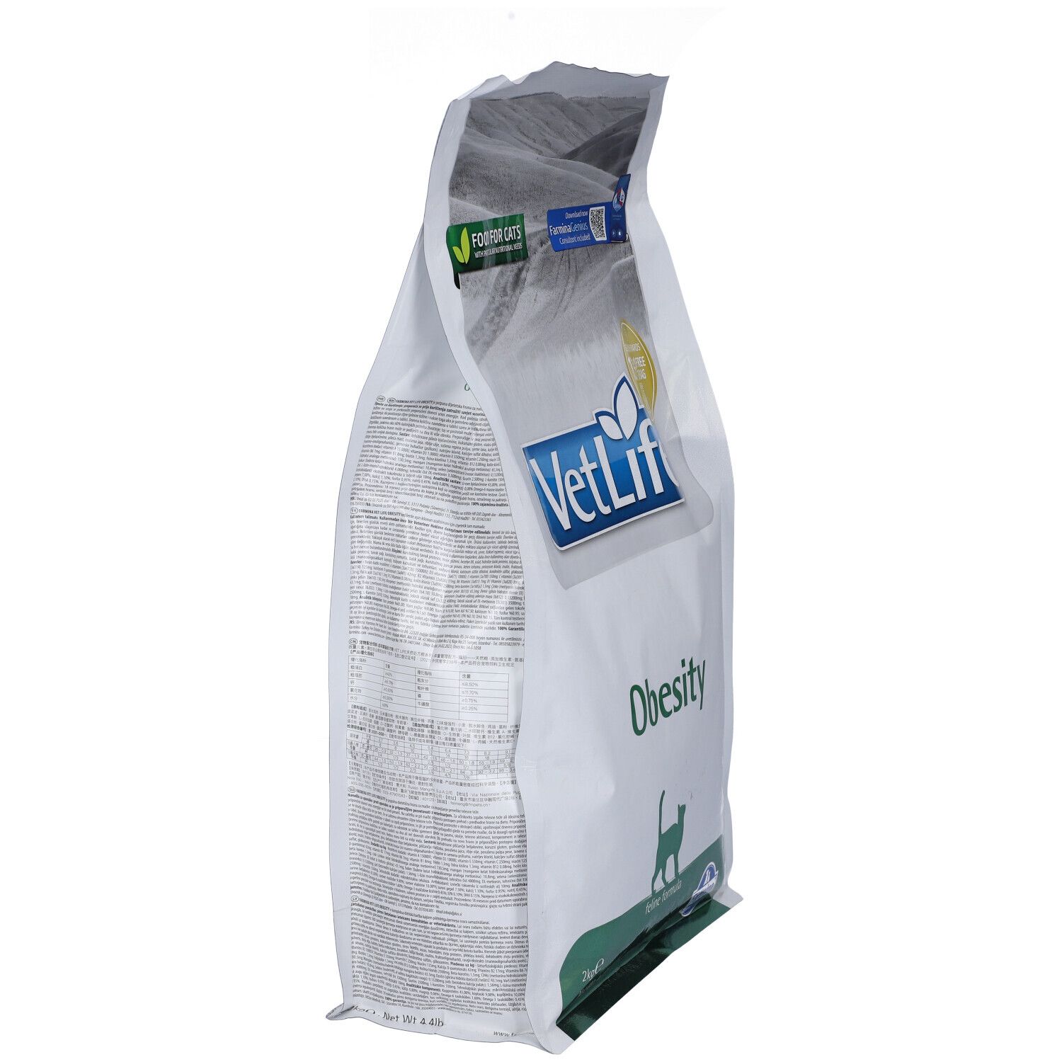 Weißer Beutel, seitliche Ansicht. VetLife-Logo und Schriftzug "Obesity". Text auf der Rückseite. "Food for Cats" Aufkleber.