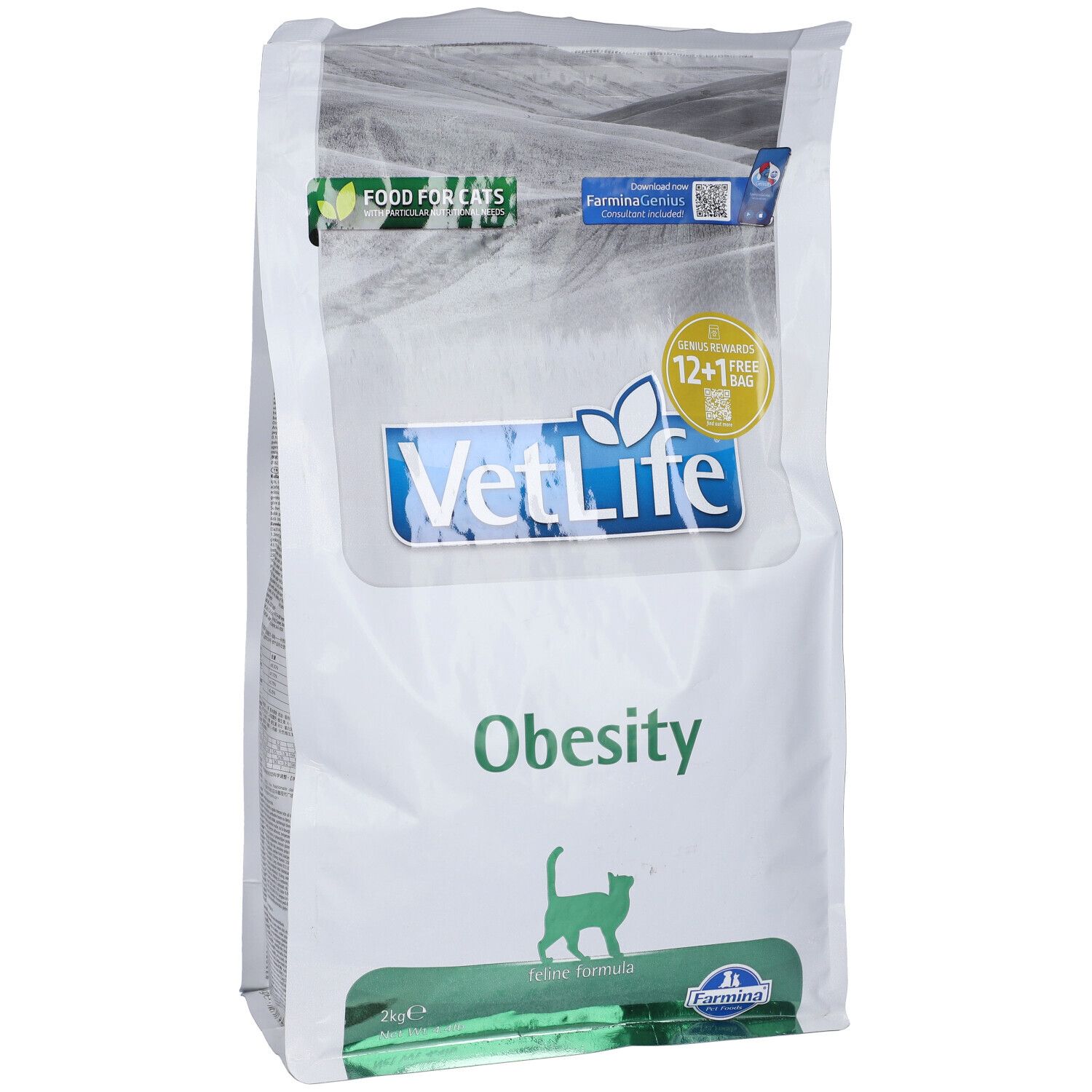Weißer Beutel mit Aufdruck. VetLife-Logo, Schriftzug "Obesity" und Katzen-Silhouette. "Food for Cats" und "12+1 free" Aufkleber.