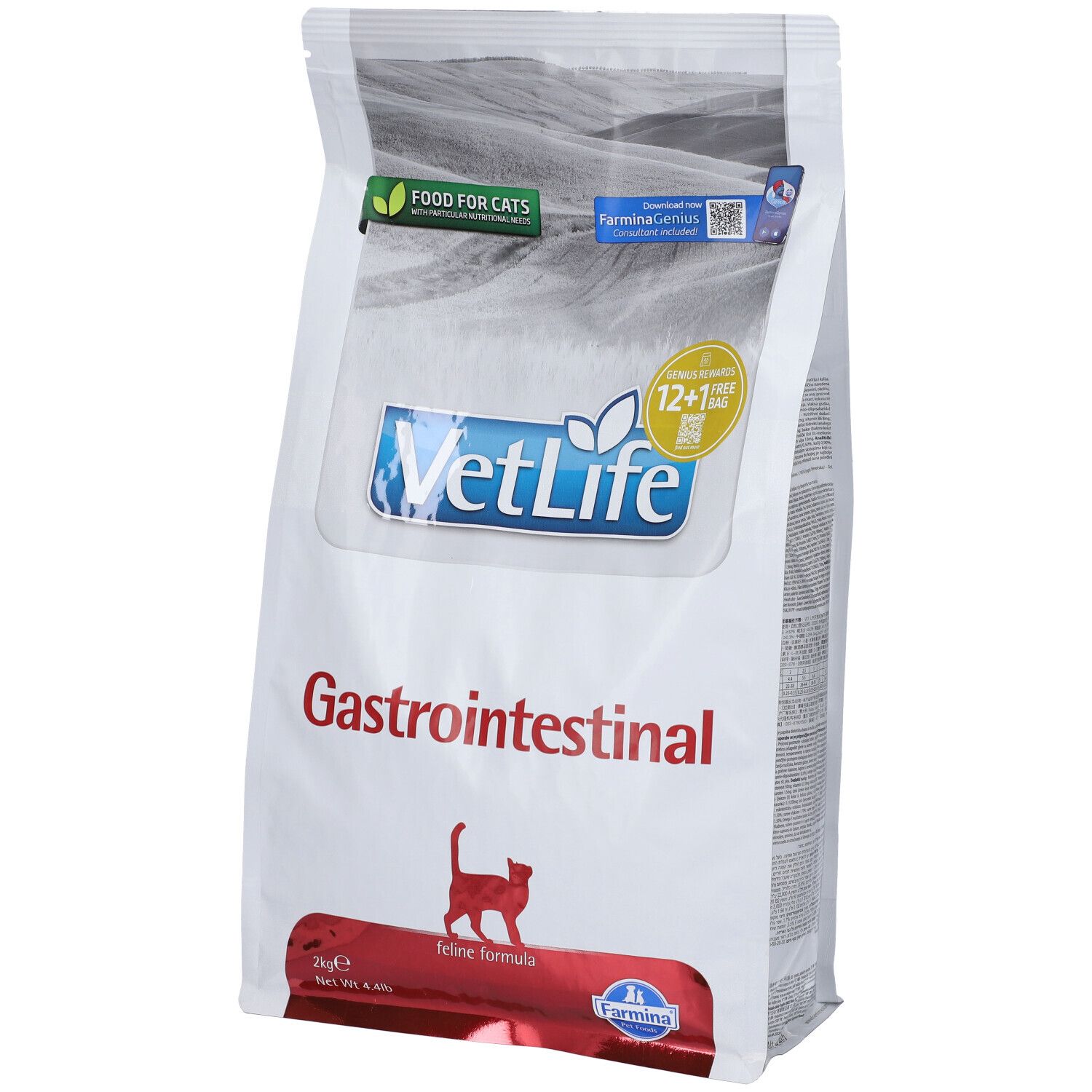Weißer Beutel mit Aufschrift "VetLife Gastrointestinal" und Katzenabbildung. Enthält Trockenfutter für Katzen.