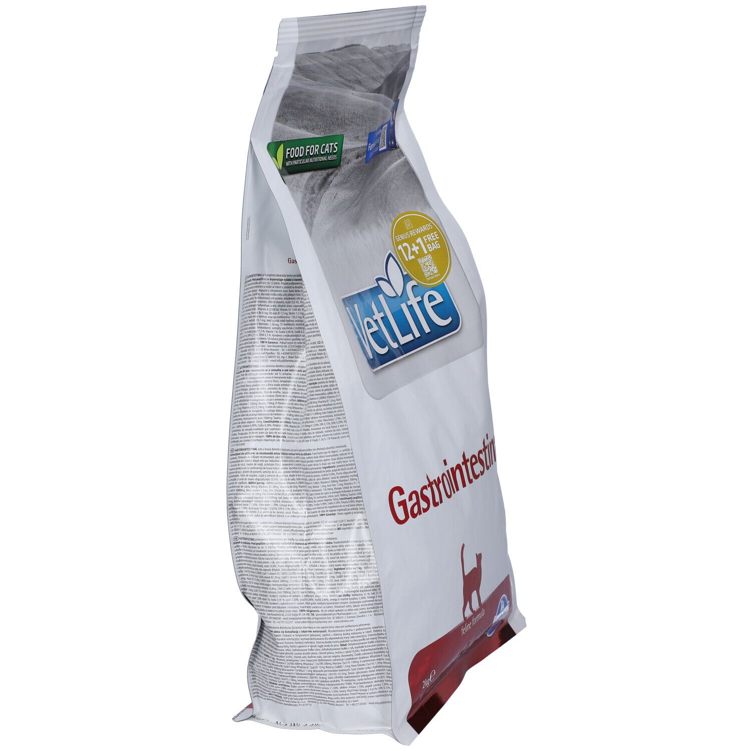 Seitenansicht eines weißen Beutels mit "VetLife Gastrointestinal" Aufdruck. Enthält Trockenfutter für Katzen.