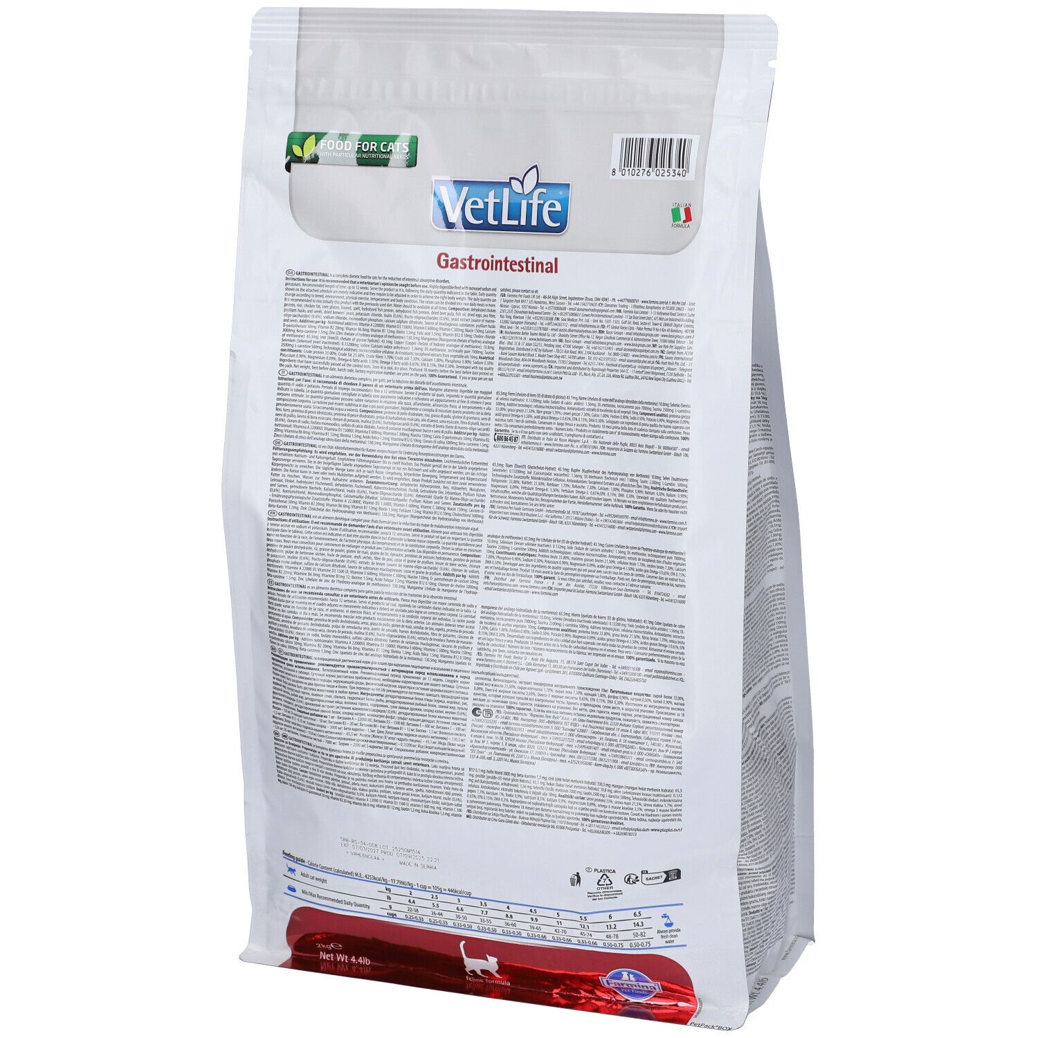 Rückseite eines weißen Beutels mit Text. Enthält Trockenfutter für Katzen. Marke: VetLife Gastrointestinal.