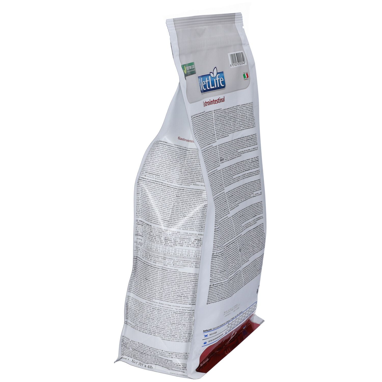 Seitenansicht eines weißen Beutels mit Text. Enthält Trockenfutter für Katzen. Marke: VetLife Gastrointestinal.