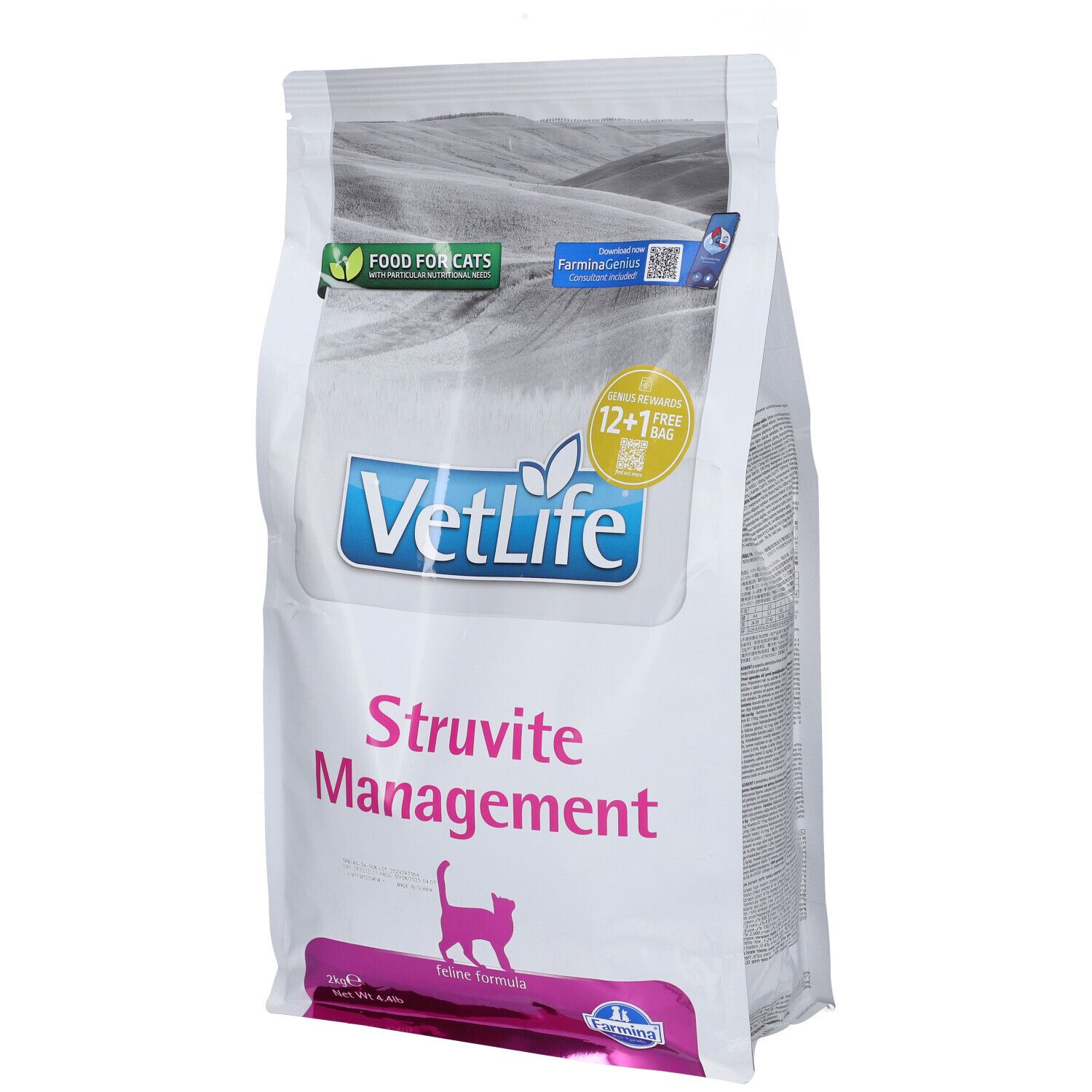 Weißer Beutel mit "VetLife Struvite Management"-Aufdruck. Logo, Katze-Silhouette, und Text. "Food for Cats"-Logo.
