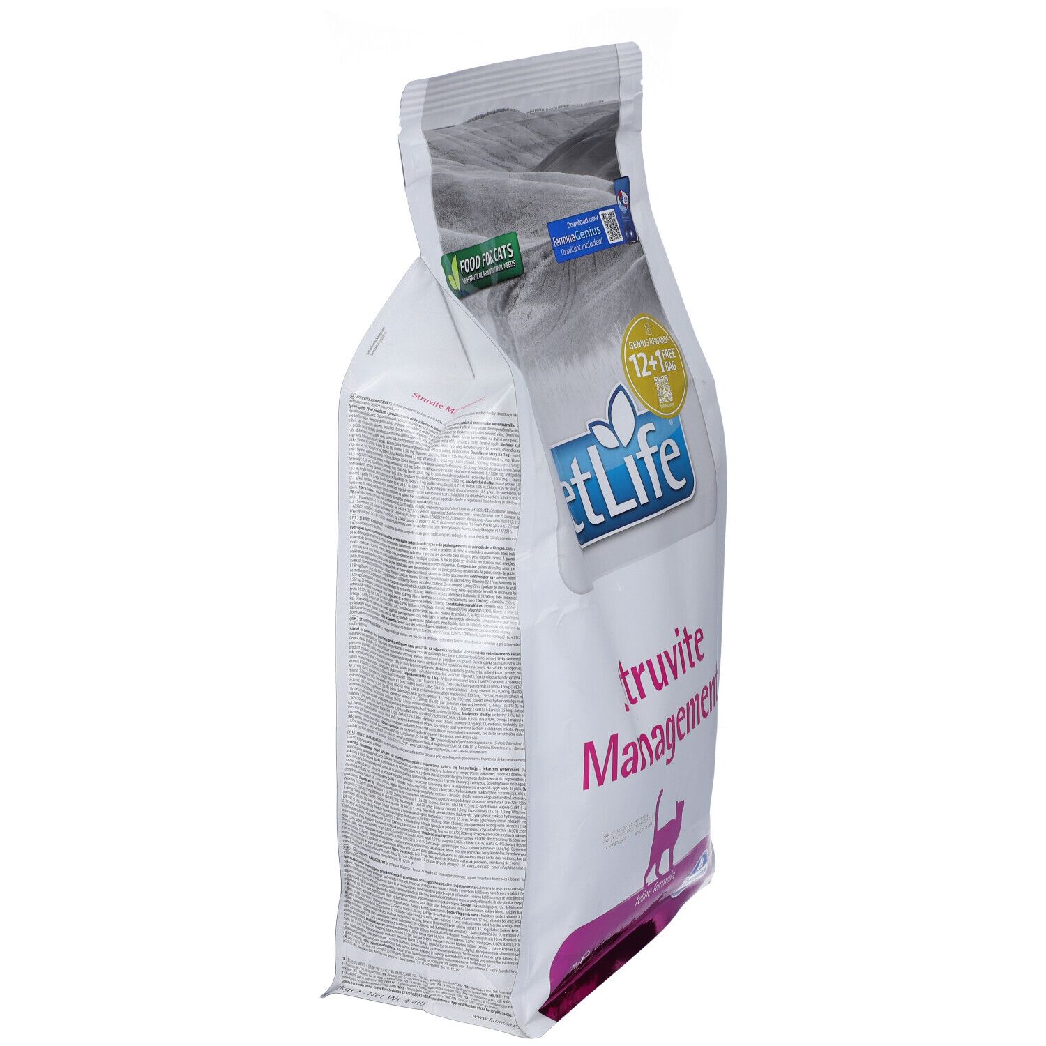 Schrägansicht eines weißen Beutels mit "VetLife Struvite Management"-Aufdruck. Logo, Katze-Silhouette, und Text.