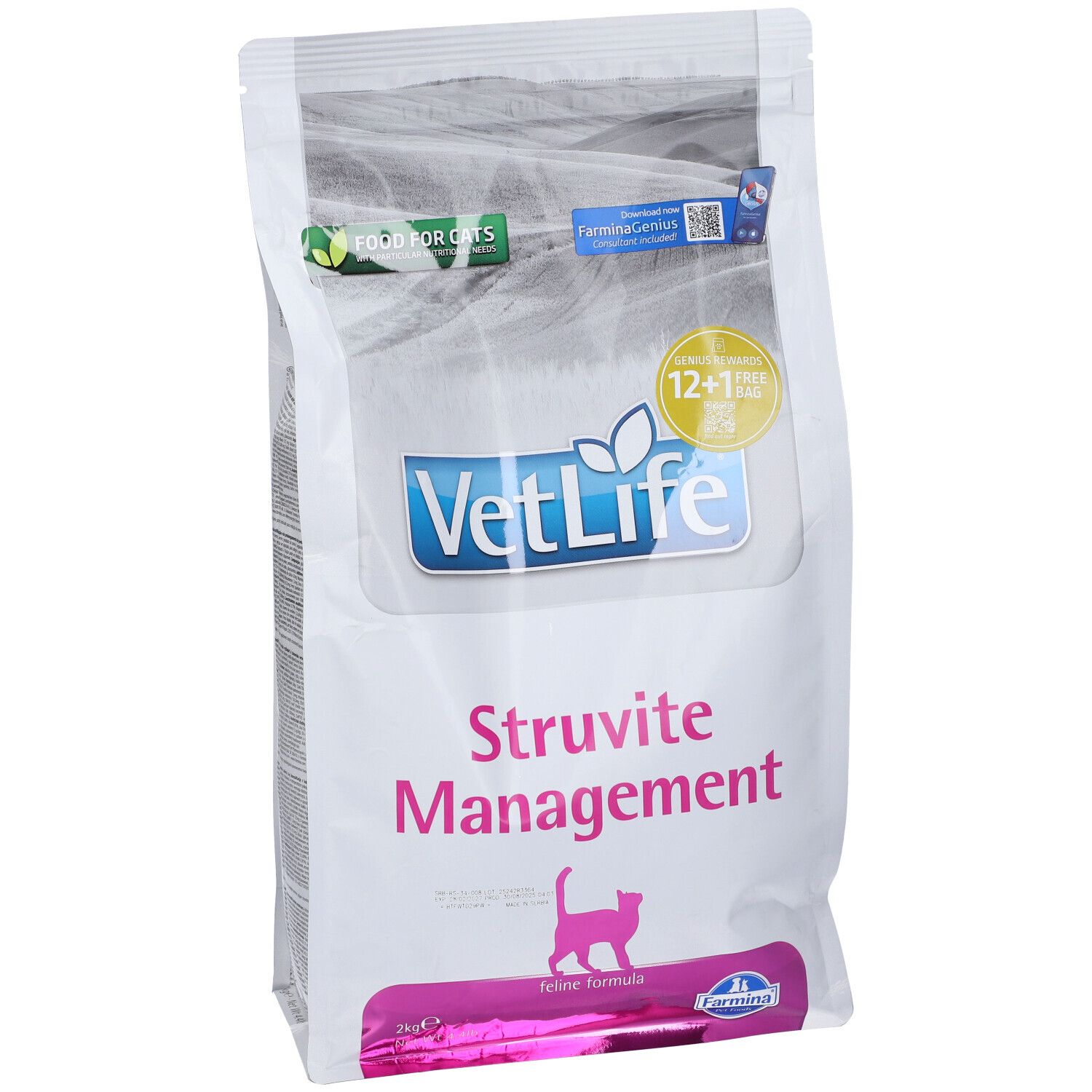 Weißer Beutel mit "VetLife Struvite Management"-Aufdruck. Logo, Katze-Silhouette, und Text. "Food for Cats"-Logo.