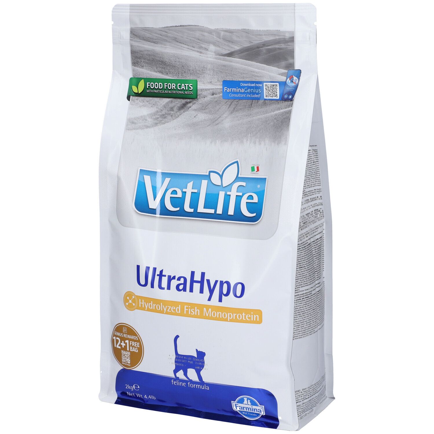 Weißer Beutel mit Produktnamen VetLife UltraHypo. Enthält hydrolysiertes Fisch-Monoprotein. Mit Logo und Katzen-Silhouette.