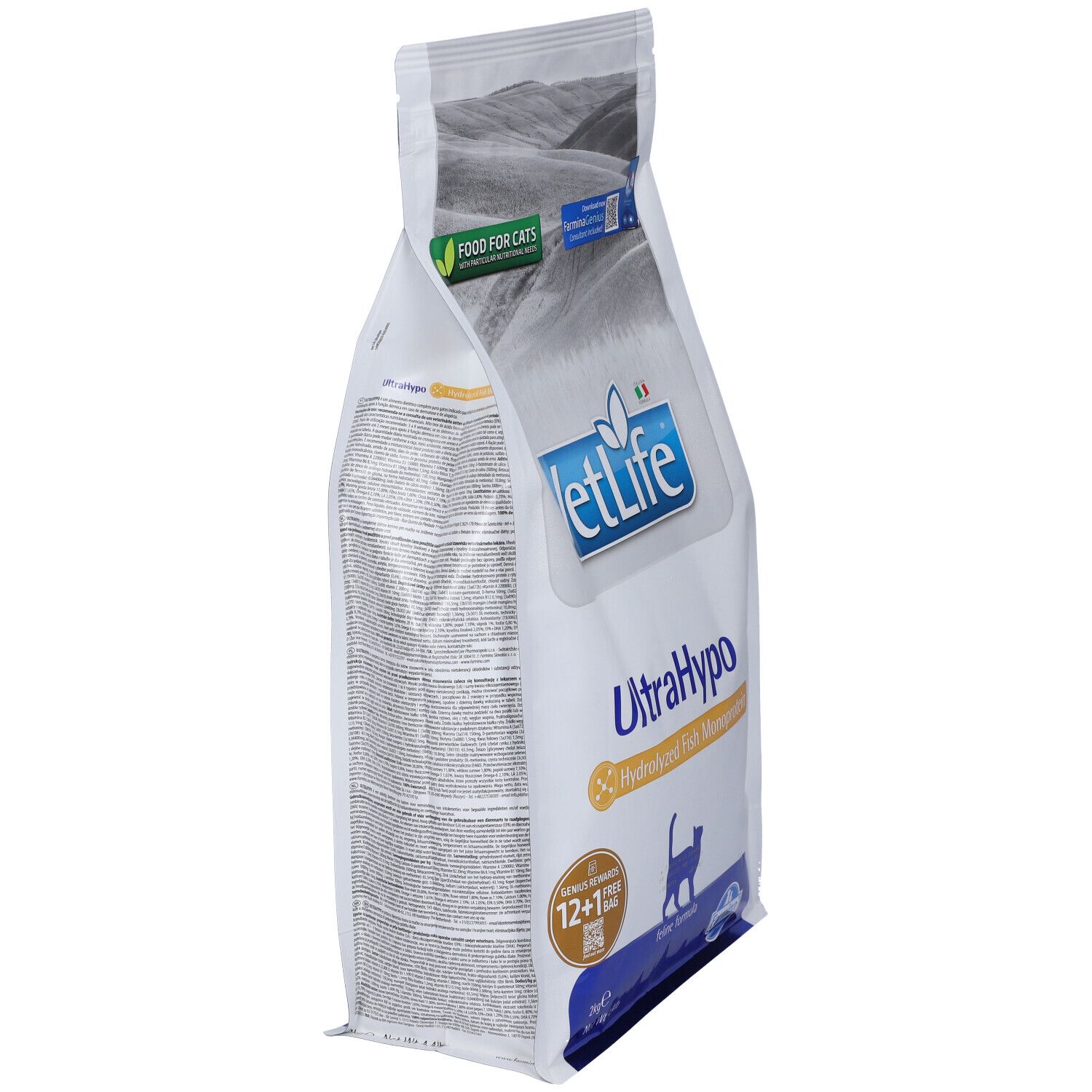 Weißer Beutel, Seitenansicht. Produktname VetLife UltraHypo. Text und Logo sichtbar. Enthält hydrolysiertes Fisch-Monoprotein.