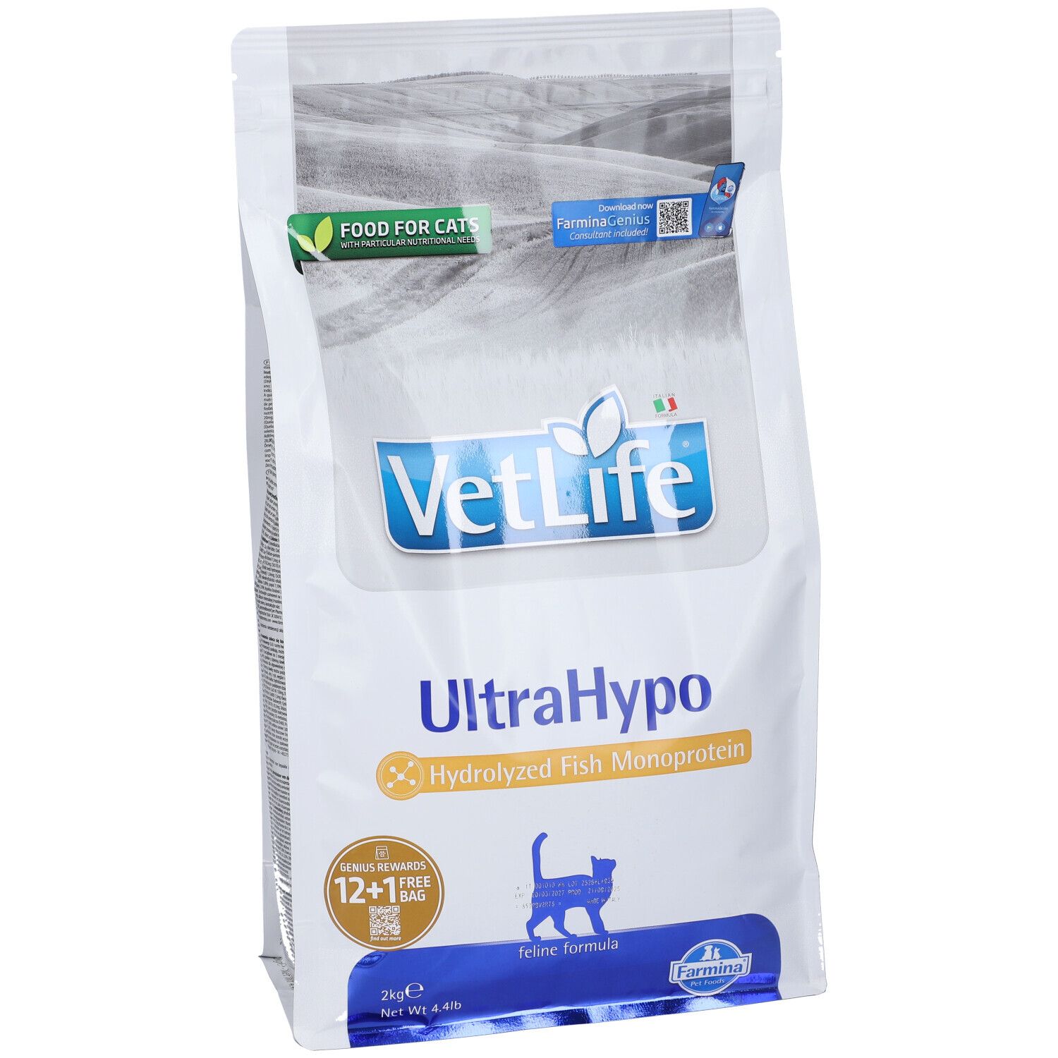 Weißer Beutel mit Produktnamen VetLife UltraHypo. Enthält hydrolysiertes Fisch-Monoprotein. Mit Logo und Katzen-Silhouette.