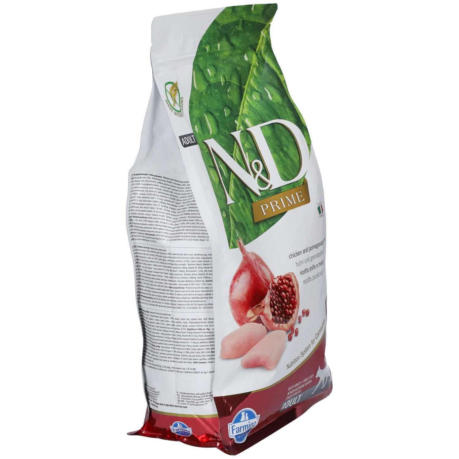 Trockenfutter-Beutel, Seitenansicht. N&D Prime Logo, Abbildung von Granatapfel und Hühnchen. Text: Adult.