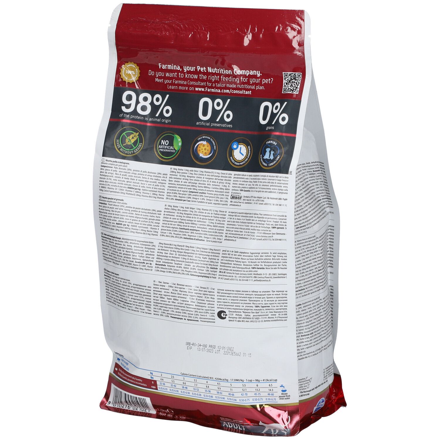 Rückseite des Trockenfutter-Beutels. Text: 98% tierische Zutaten, 0% künstliche Konservierungsstoffe, 0% Getreide.