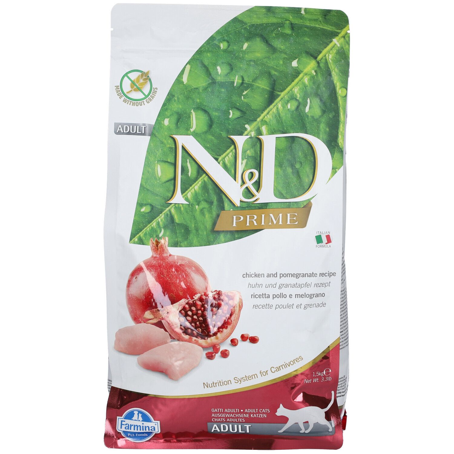 Beutel Trockenfutter mit Huhn & Granatapfel. N&D Prime Logo, Abbildung von Granatapfel und Hühnchen. Text: Adult.