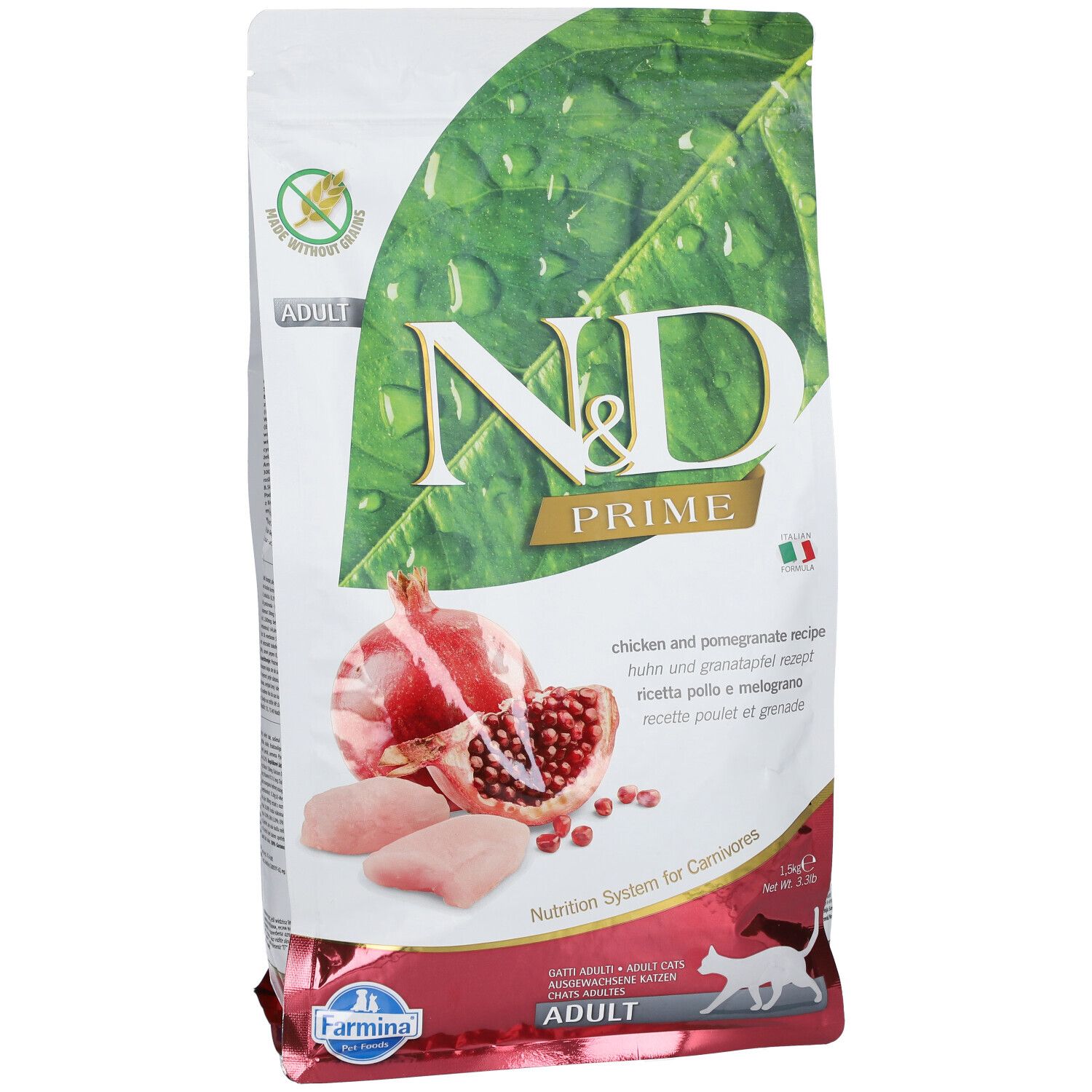 Beutel Trockenfutter mit Huhn & Granatapfel. N&D Prime Logo, Abbildung von Granatapfel und Hühnchen. Text: Adult.