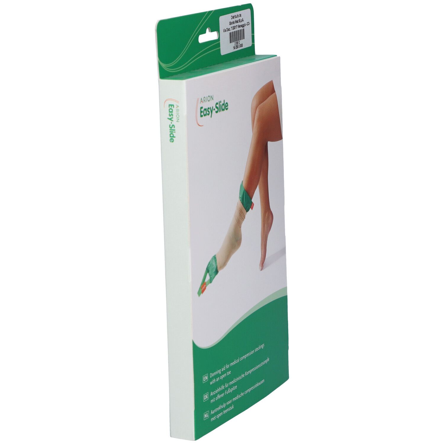 Verpackung einer Anziehhilfe für Kompressionsstrümpfe mit offenem Zehenbereich.