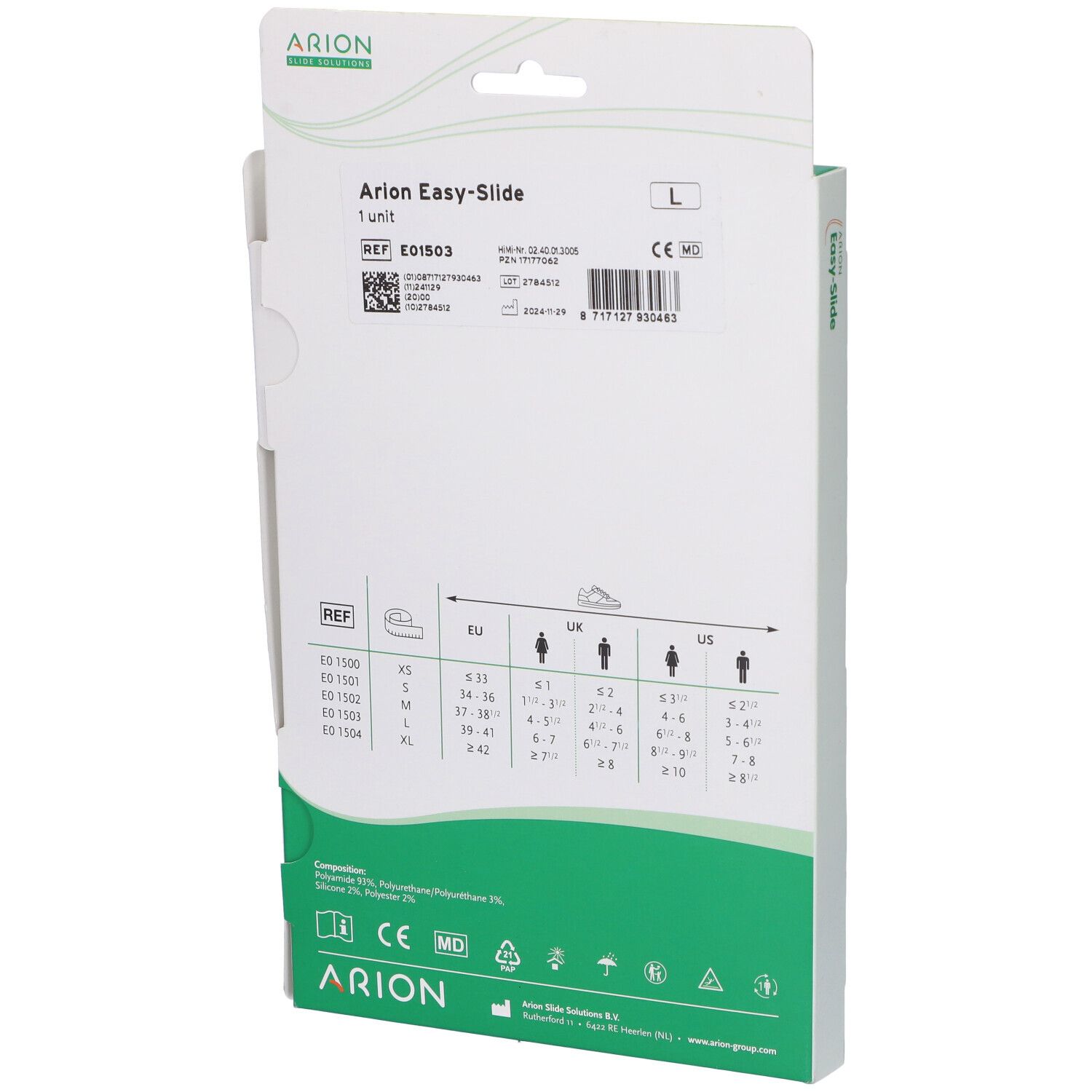 Rückseite der Verpackung: Arion Easy-Slide Anziehhilfe, Grösse L, Grössentabelle.