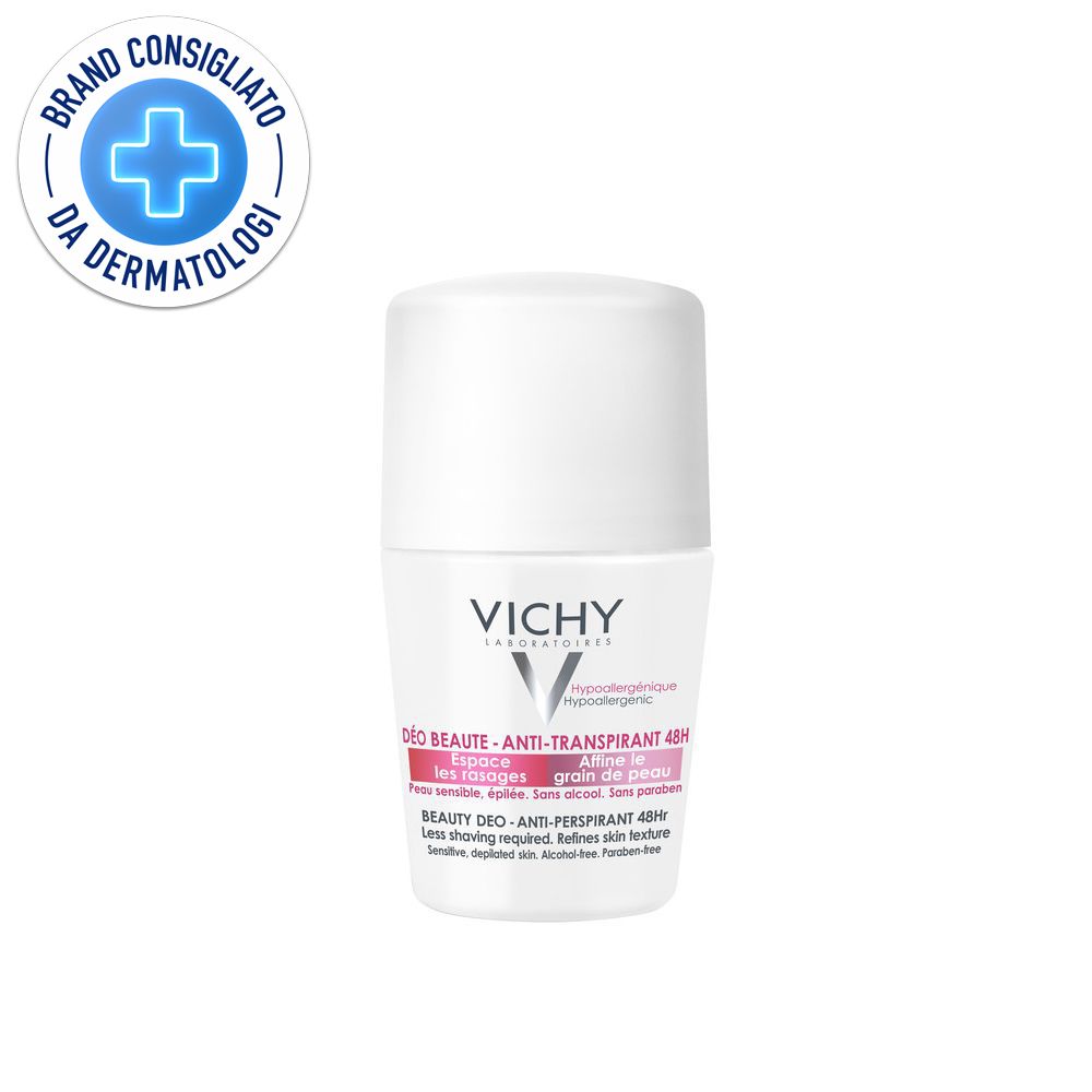 Vichy Deodorant Roll-On mit weißem Verschluss und Etikett mit Produktinformationen. "Brand consigliato da dermatologi" Siegel.