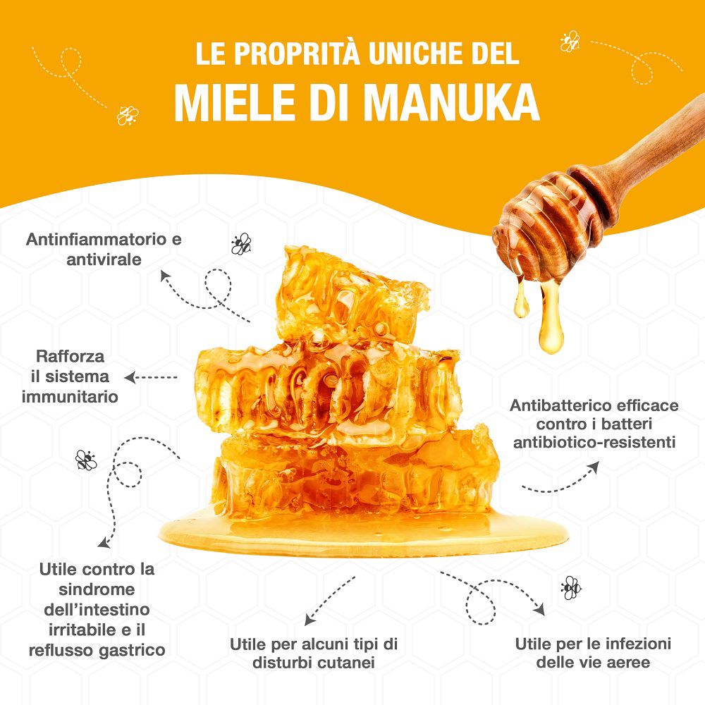 Manuka Honigwaben mit Beschriftungen zu seinen Eigenschaften.