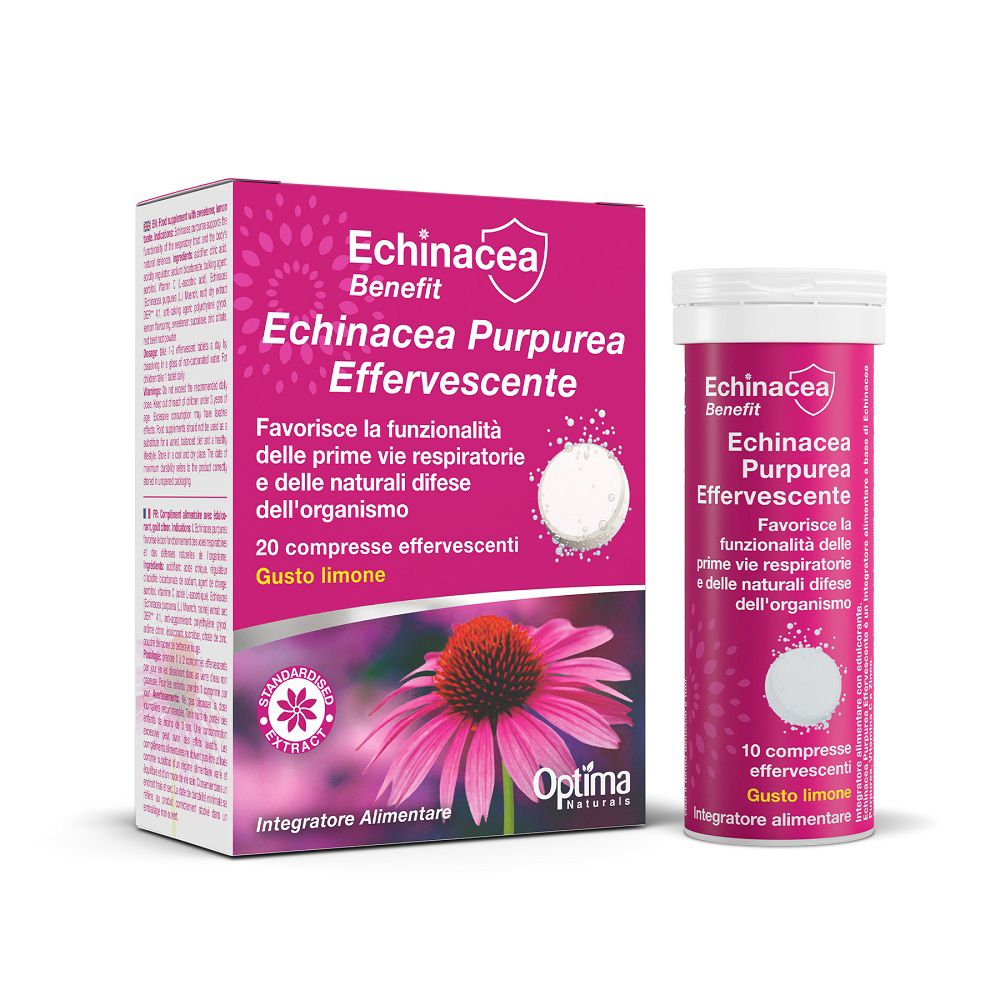 Echinacea Benefit Brausetabletten-Verpackung und Röhrchen.