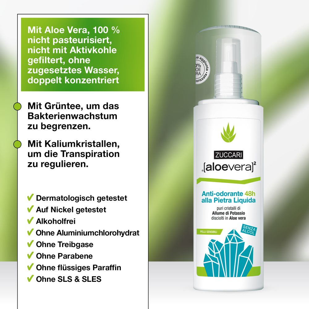 Produktflakon neben Text. Text: Mit Aloe Vera, 100% nicht pasteurisiert, doppelt konzentriert. Dermatologisch getestet, ohne Alkohol.