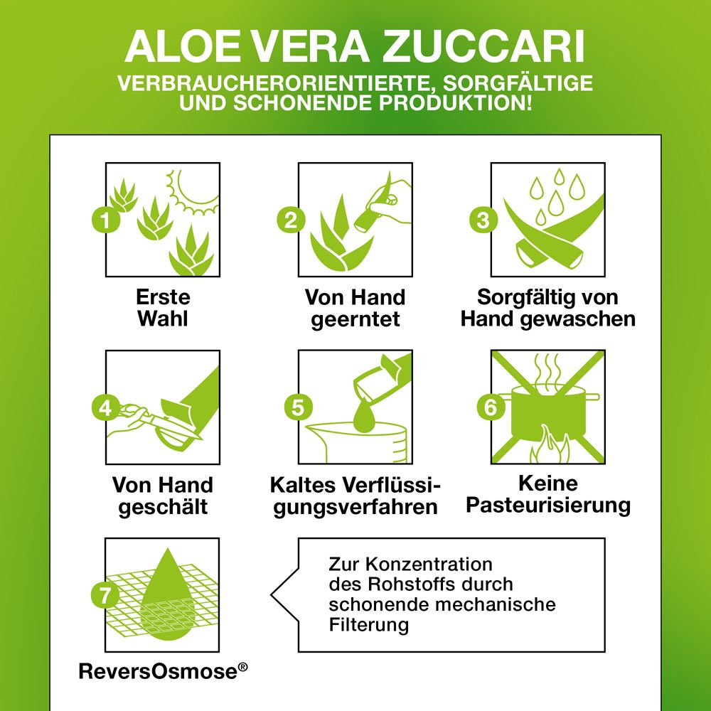 Grafik mit nummerierten Illustrationen. Zeigt die Herstellung von Aloe Vera. Von Hand geerntet, gewaschen, kalt verflüssigt, keine Pasteurisierung.