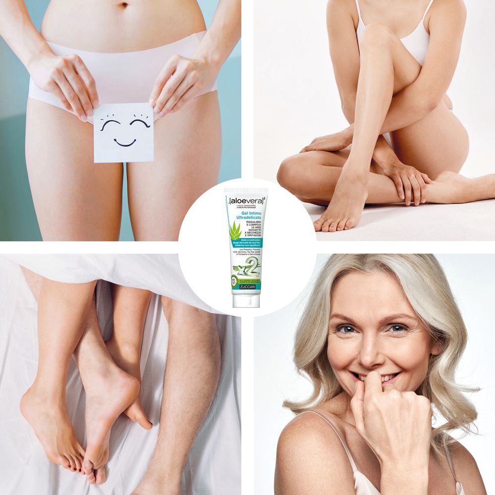Collage: Intimpflege, Beinpflege, Paar im Bett, lächelnde Frau.