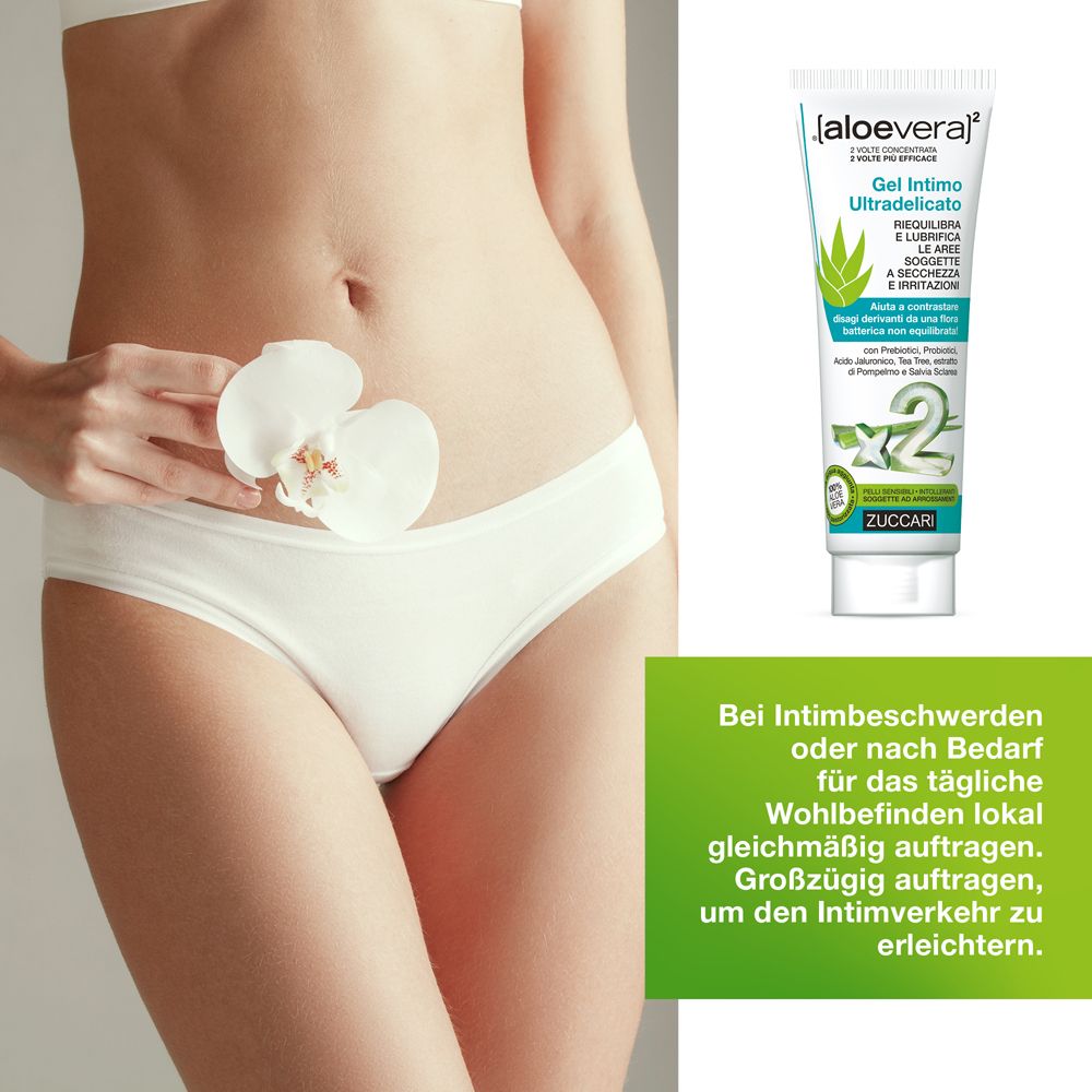 Tube von ZUCCARI [aloevera]2 Ultra-zartes Intimgel. Weiß, mit grünen Akzenten. Text: Intimgel, Aloe Vera.