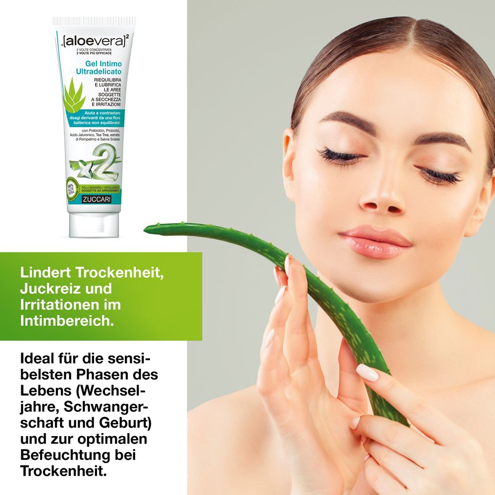 Rückseite der Tube von ZUCCARI [aloevera]2 Gel Intimo. Text: Inhaltsstoffe, Anwendung, pH-Wert.