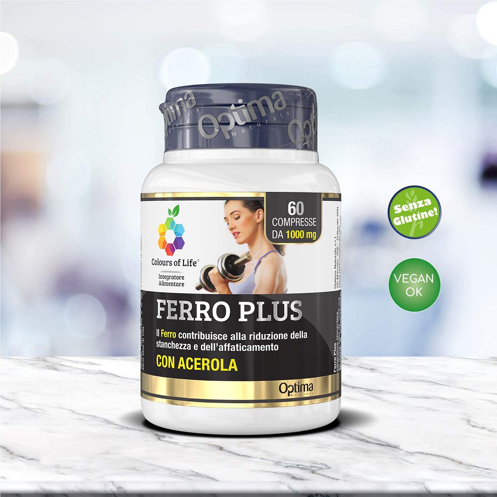 Flasche Ferro Plus mit 60 Tabletten, mit geöffneter Seitenlasche, die die Etiketten zeigt.