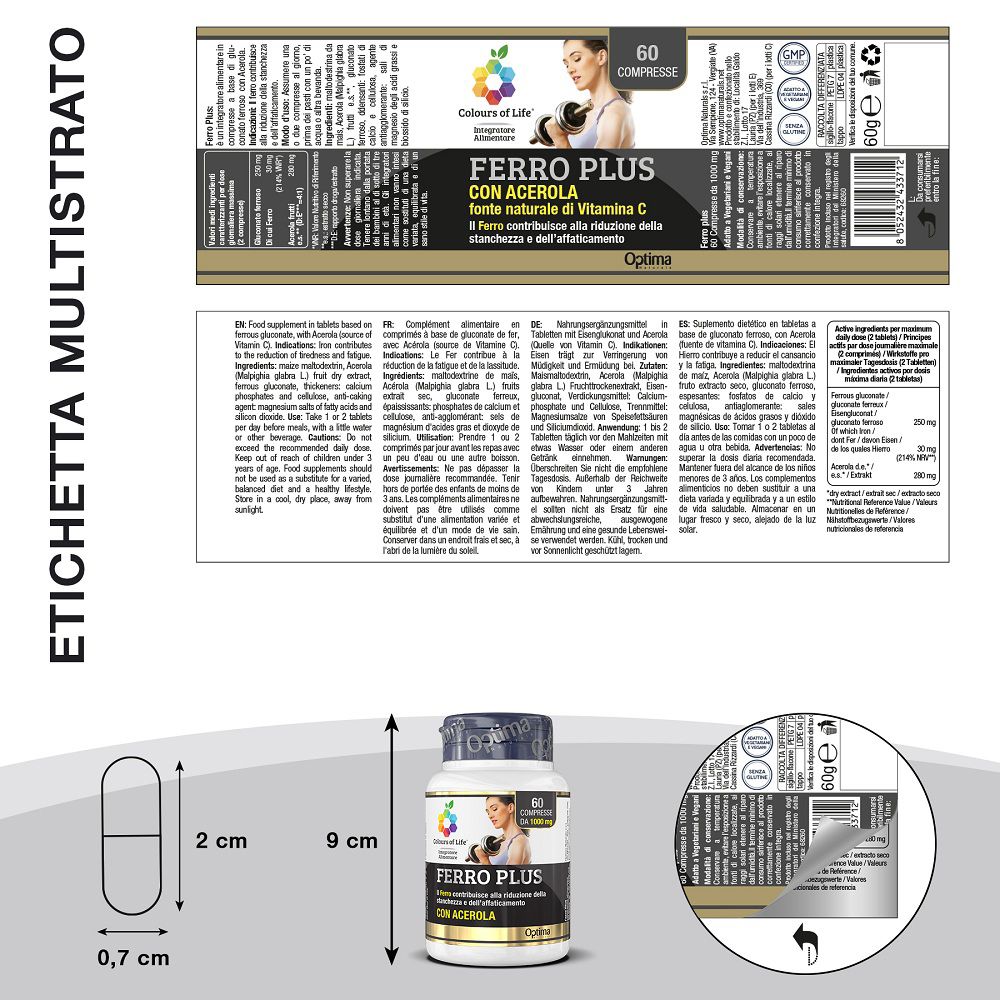 Flasche Ferro Plus mit 60 Tabletten, mit Acerola, Quelle von Vitamin C.