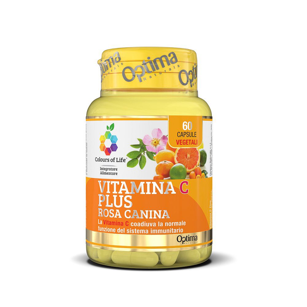 Flasche mit 60 vegetarischen Kapseln Vitamin C Plus Rosa Canina.