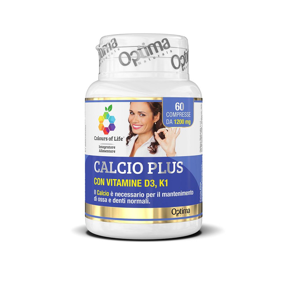 Flasche mit 60 Tabletten Colours of Life Calcio Plus, mit Vitaminen D3 und K1.