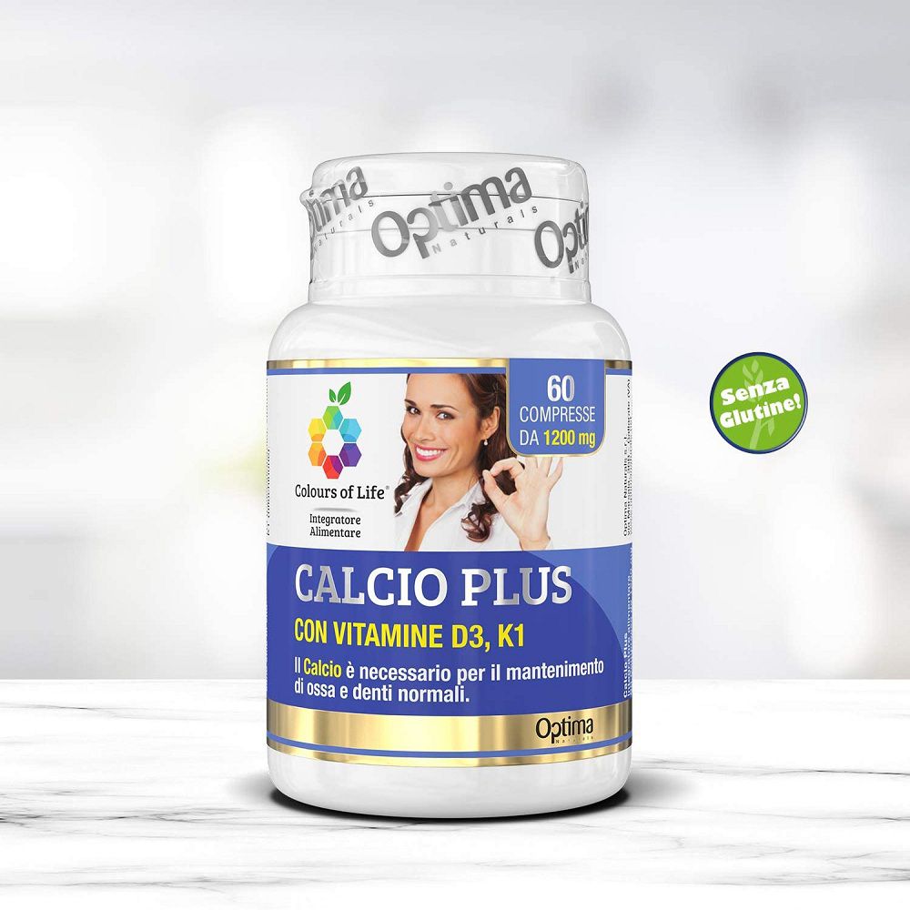 Flasche Colours of Life Calcio Plus, 60 Tabletten, glutenfrei.