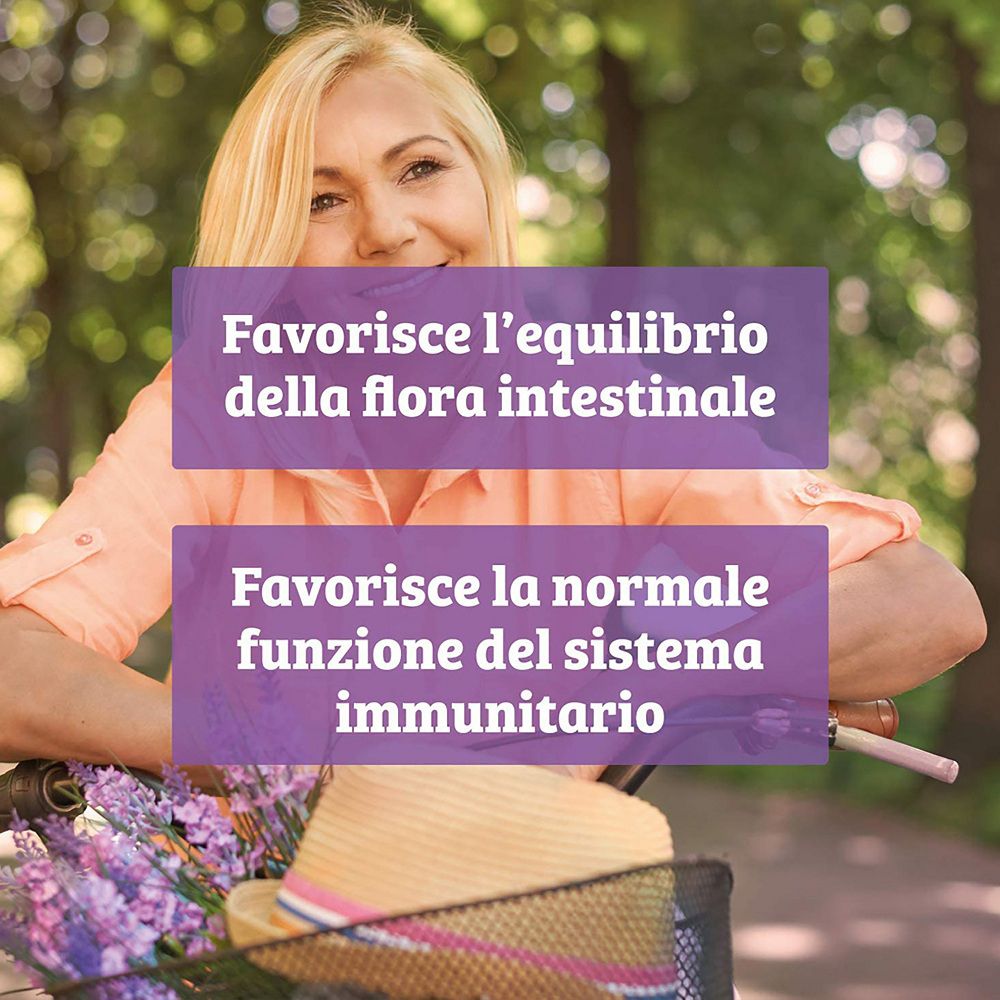 Frau mit Textfeldern zu Darmflora und Immunsystem.