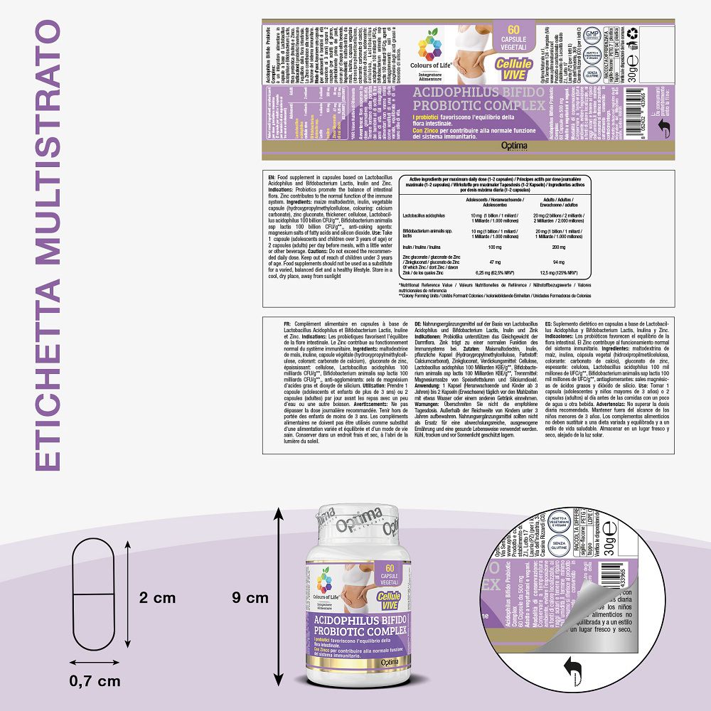 Flasche "Acidophilus Bifido Probiotic Complex" mit Etikett und Kapselabmessungen.