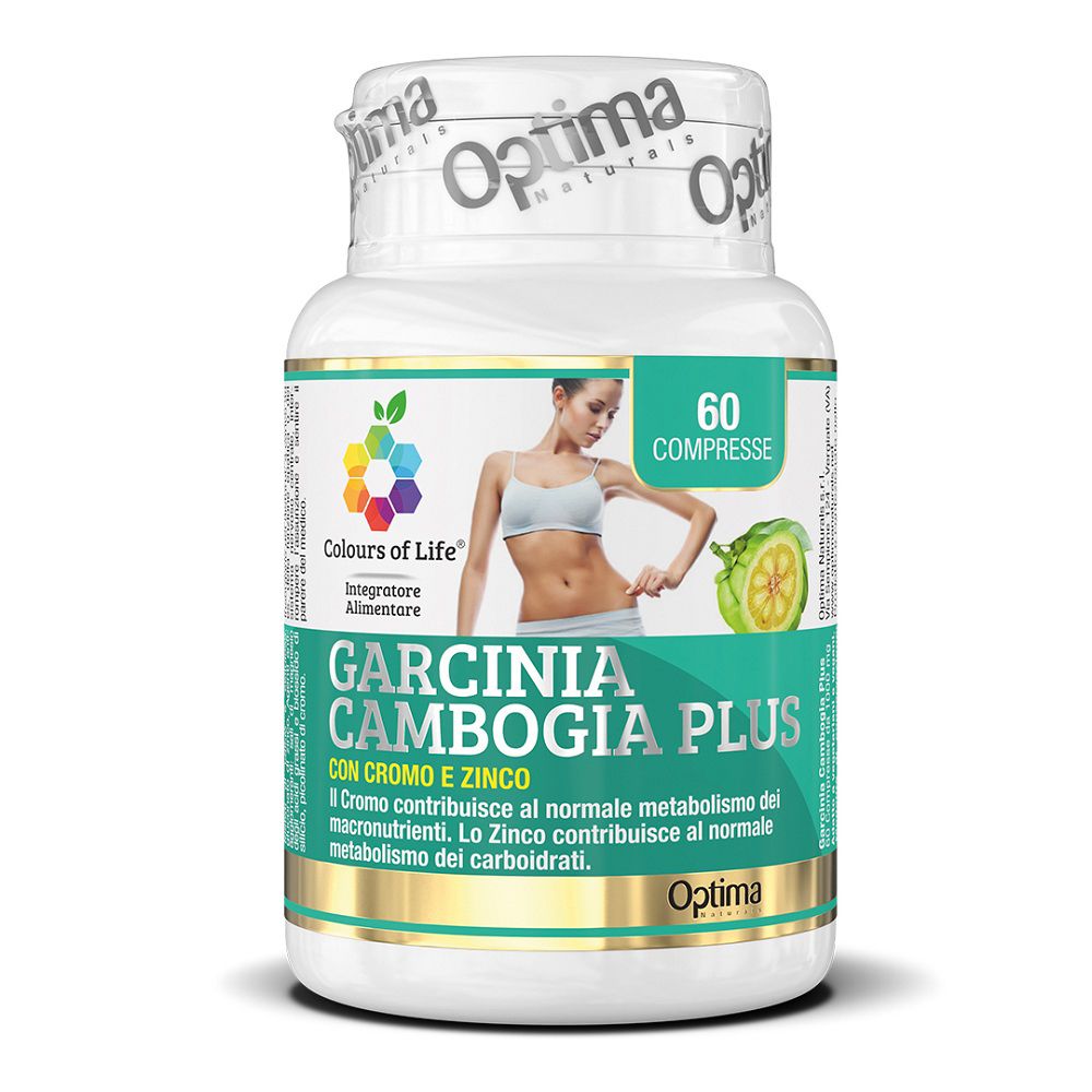 Flasche mit 60 Kapseln Colours of Life Garcinia Cambogia PLUS, mit Abbildung einer Frau und Garcinia-Frucht.
