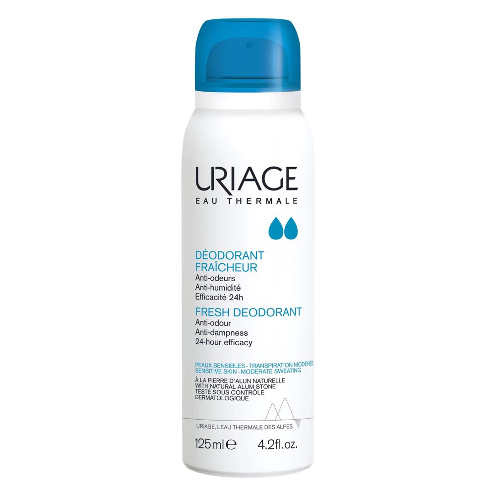 Weißes Deodorant mit blauem Deckel. Aufschrift: URIAGE, Eau Thermale, Déodorant Fraicheur. 125ml.