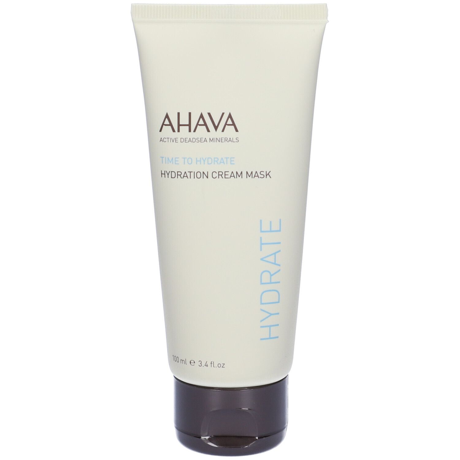 Creme-Maske in Tube. Marke AHAVA. Schriftzug: Time to Hydrate. Farbe: Weiß und Hellblau. Schwarzer Deckel.