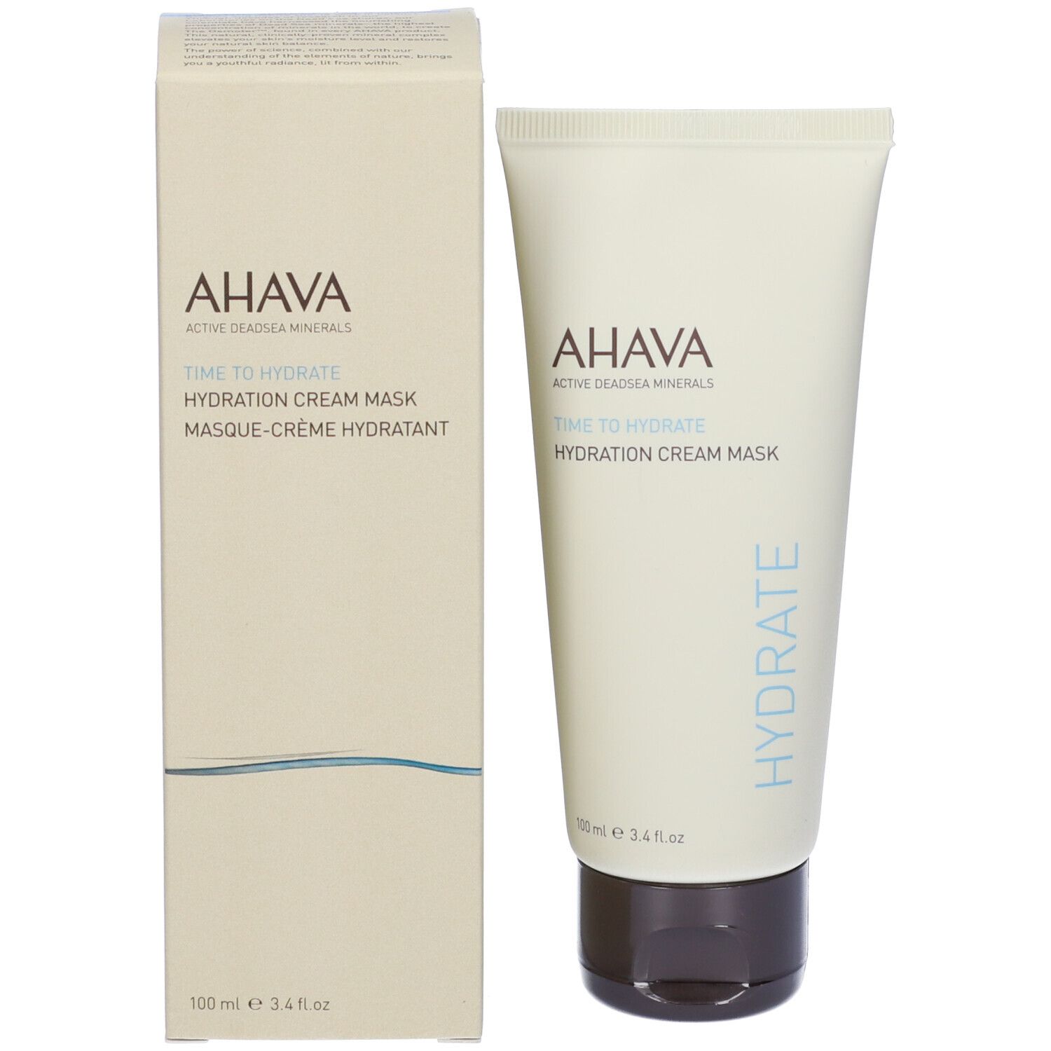 Kartonverpackung. Text in mehreren Sprachen. Produktname: Hydration Cream Mask. Marke AHAVA. Eckige Form.