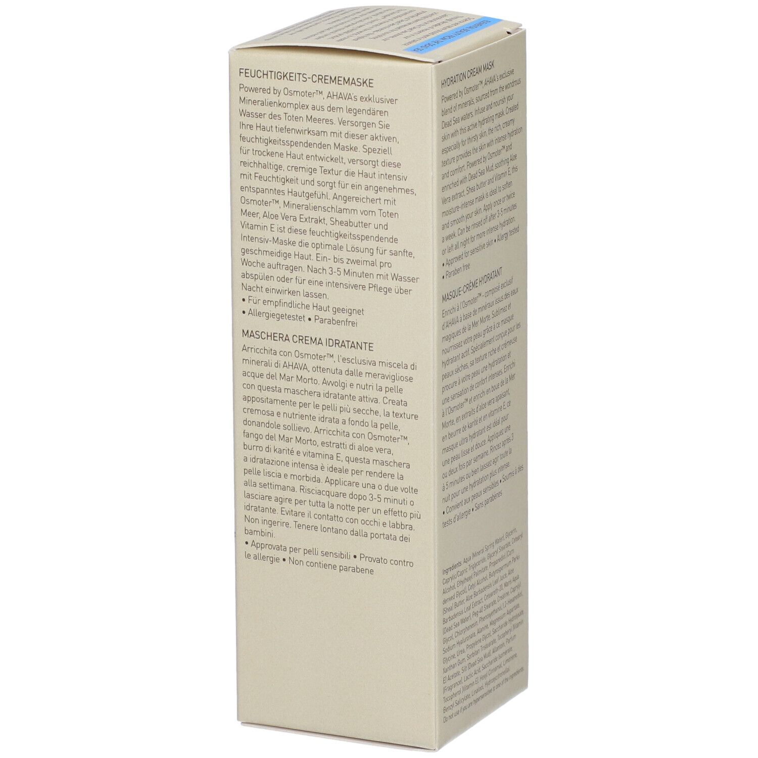 Kartonverpackung. Text in mehreren Sprachen. Produktname: Feuchtigkeits-Crememaske. Marke AHAVA. Eckige Form.