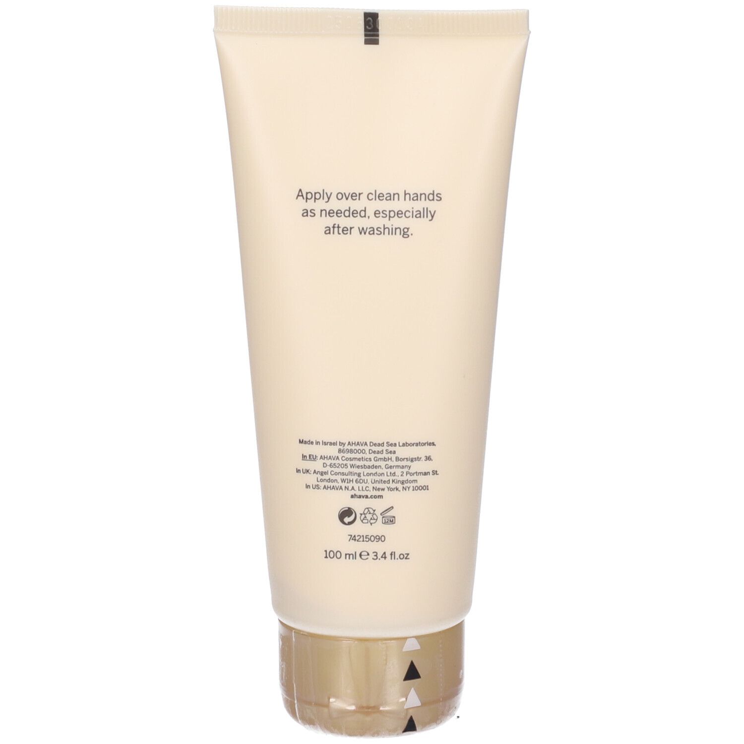 Rückseite der Creme-Tube. Text: Apply over clean hands as needed, especially after washing. 100 ml.