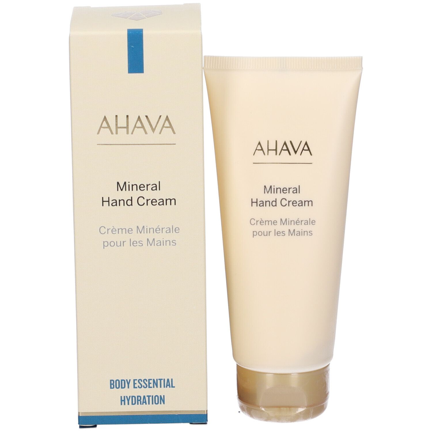 AHAVA Mineral Hand Cream Tube und Verpackung. Beige Tube und Schachtel mit blauem Akzent.
