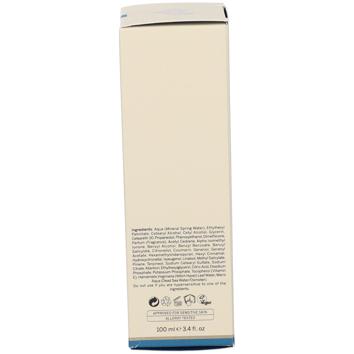 Unterseite der AHAVA Mineral Hand Cream Verpackung. Inhaltsstoffe, 100 ml, und Zertifizierungen.